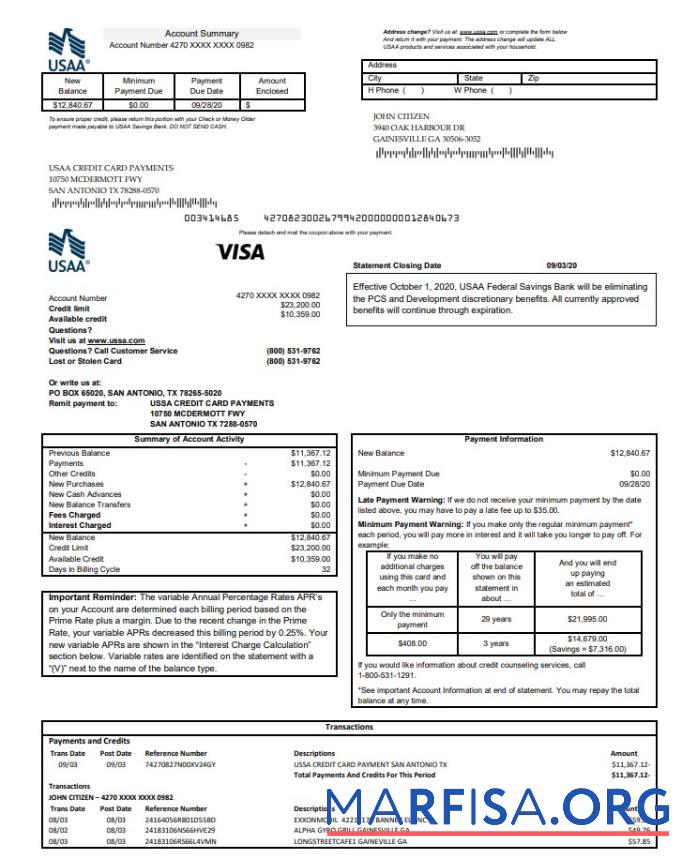 Blank USA USAA bank Credit card statement word real example